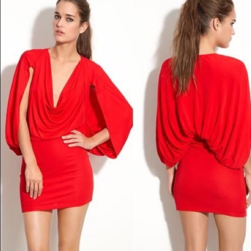 Haute Hippie red drape open sleeve mini dress
